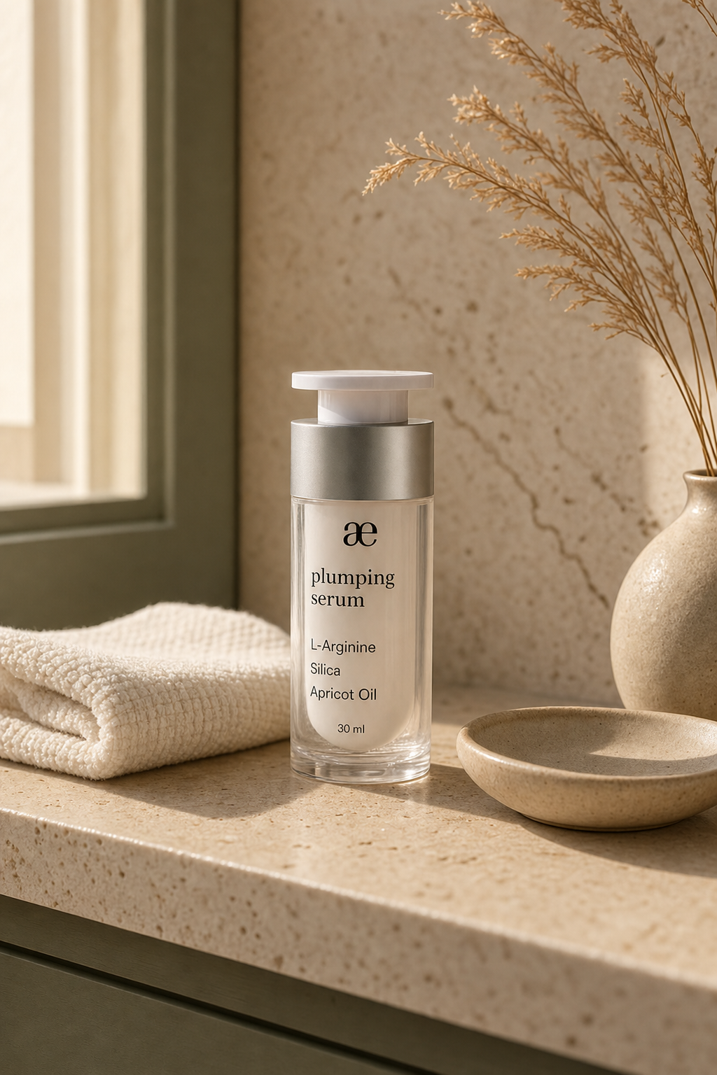 AE Plumping Serum on a sunlit bathroom vanity