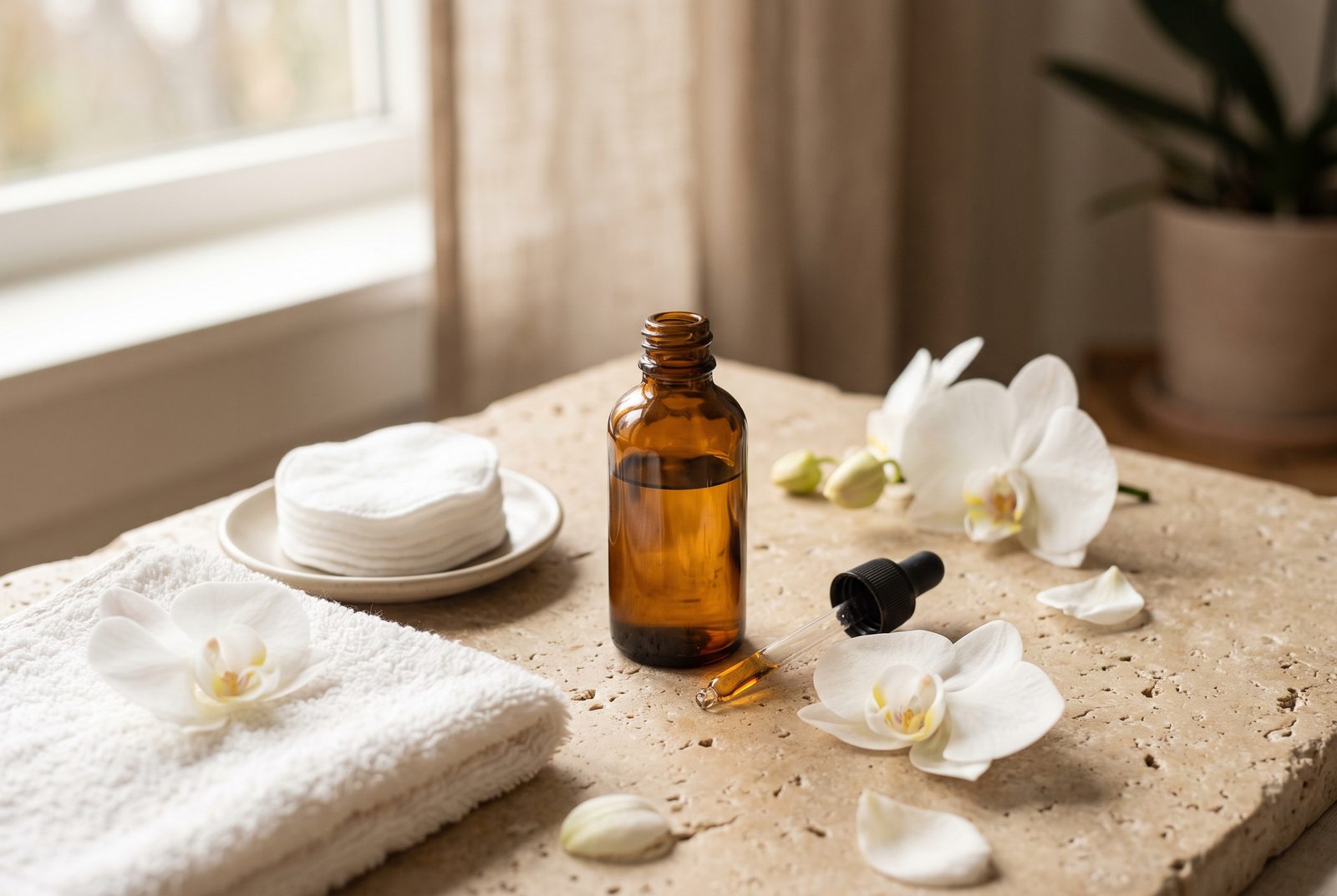 Calm skincare recovery scene with amber serum bottle, cotton pads, and orchids