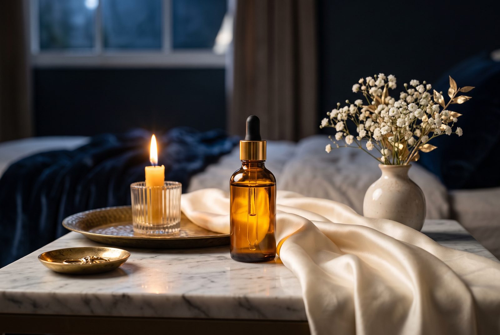 Amber glass night serum bottle on a candlelit marble nightstand